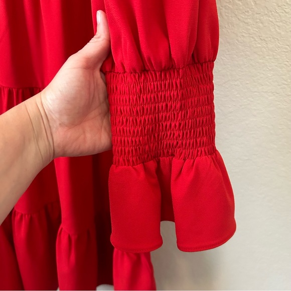 Tuckernot Pomander Place Red Crepe Kenzo Ruffle via-neck long sleeve Dress Sz L - Picture 11 of 16